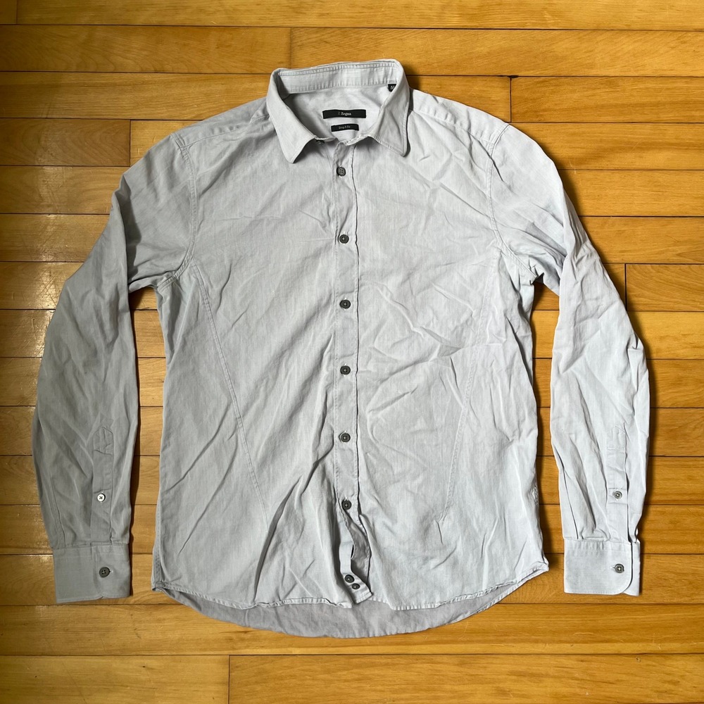 Z Zegna Light Grey Button Down Shirt Drop 8 Fit Slim Long Sleeve Size 42 16.5